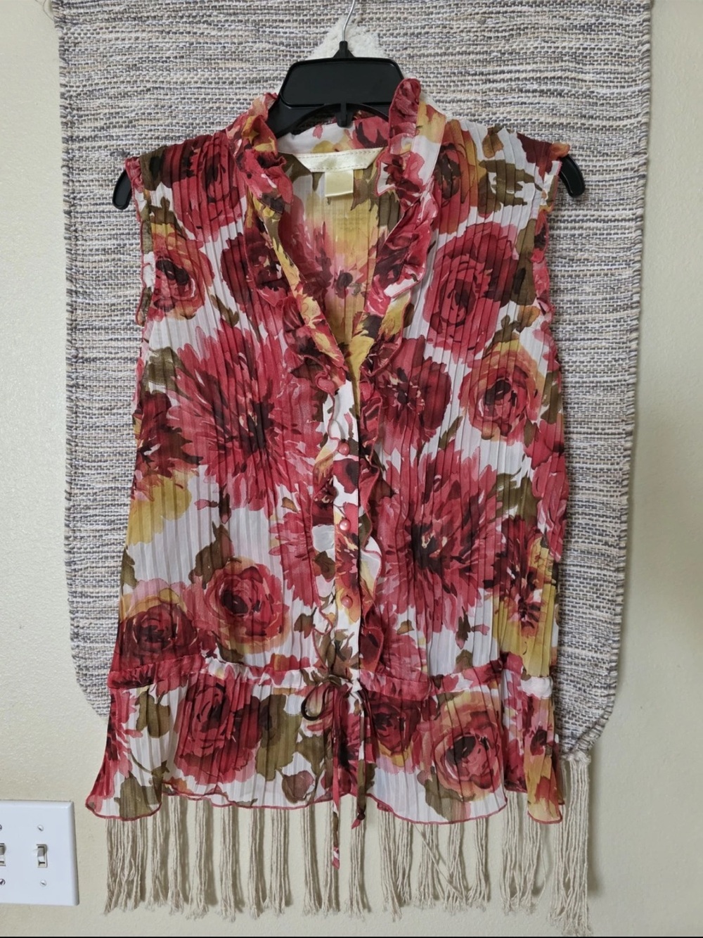 Floral Pleated Chiffon Sleeveless Blouse Ruffle Button Front Drawstring Size M